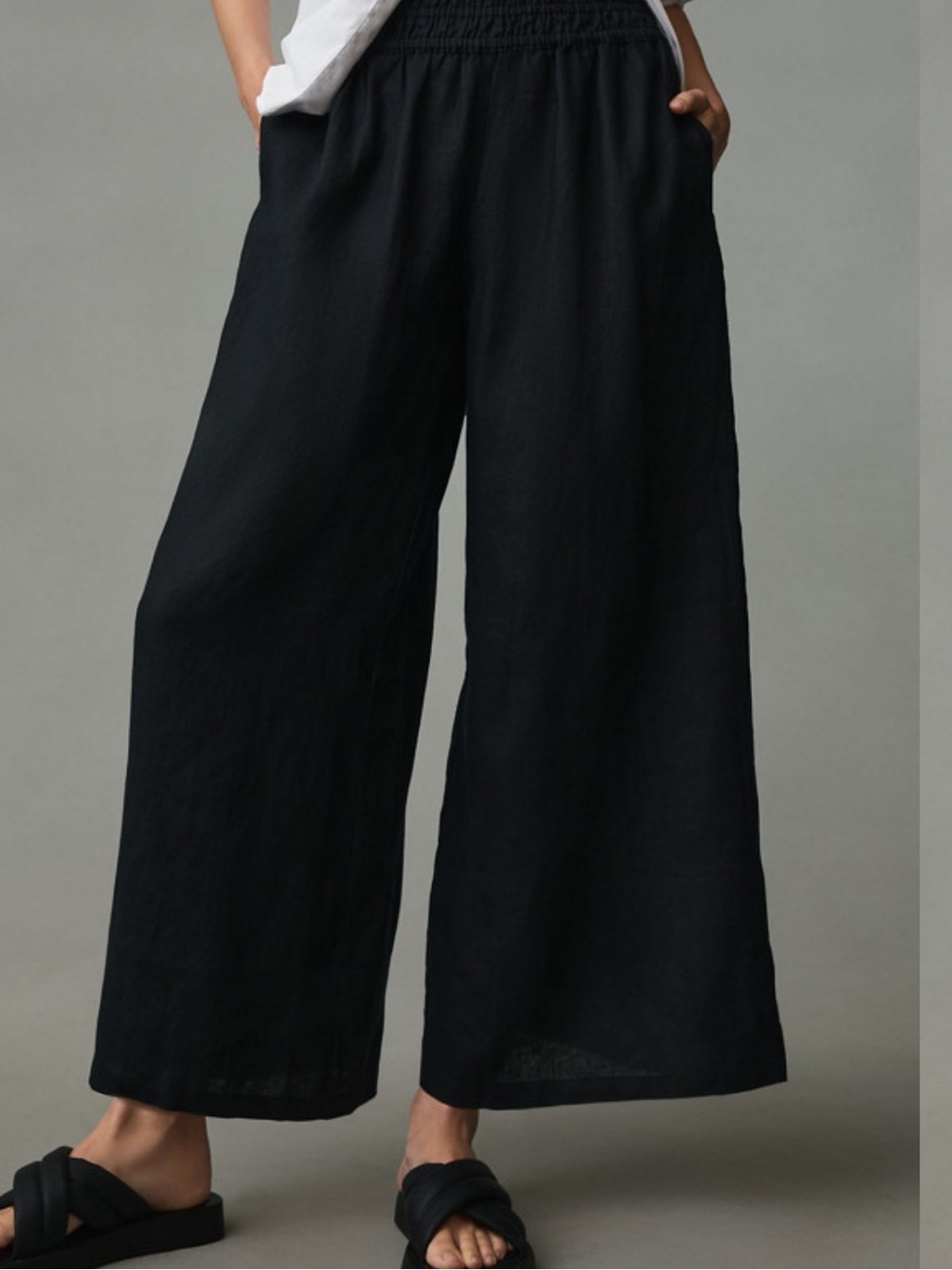 The Somerset Linen Pull-On Pants Cropped Wide Leg Smocked Waist Black Size XS